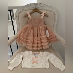 🩰 2T Blush Pink Mini Polka Dot & Ruffle Tulle Dress & Ivory Knit Cardigan